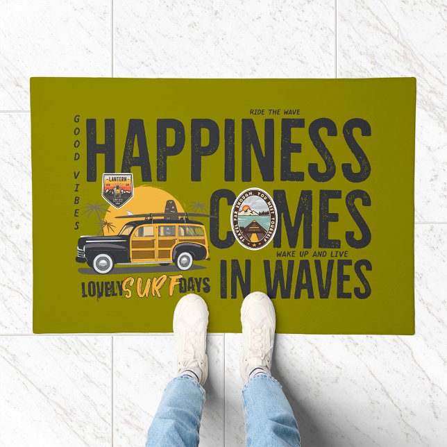 Surf Van Beach Quote Happiness Comes in Waves Doormat (Creator Uploaded)