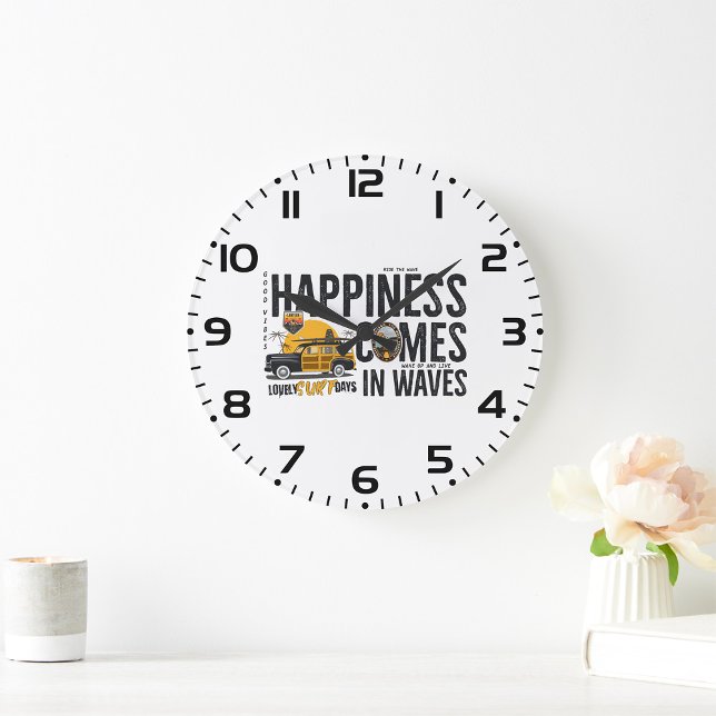 Surf Van Beach Quote Happiness Comes in Waves Large Clock (Creator Uploaded)