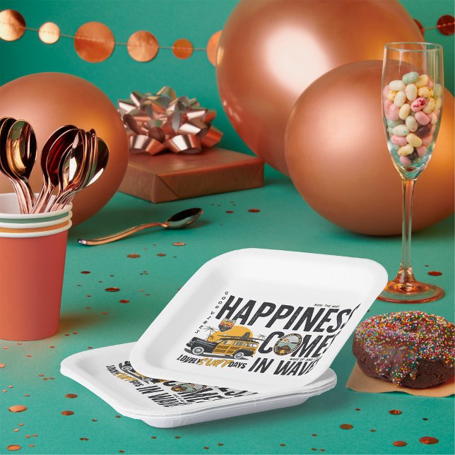 Surf Van Beach Quote Happiness Comes in Waves Paper Plates (Creator Uploaded)