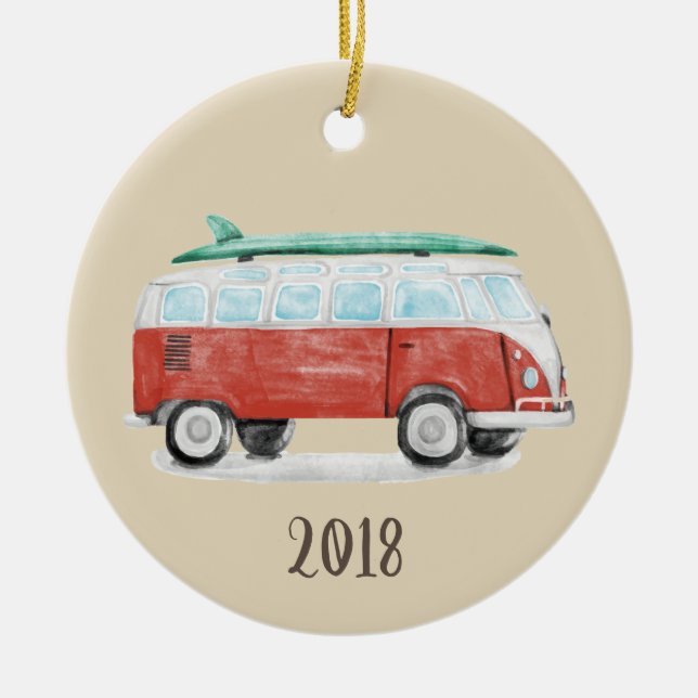 Surf Van Keepsake Year Ceramic Ornament (Front)