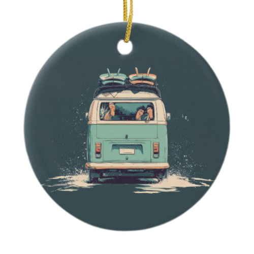 Surf Van Splash – Retro Beach Camper Ceramic Ornament