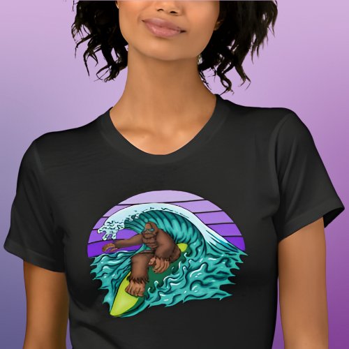 Surf Womens Funny Bigfoot Surfing Purple Retro T_Shirt