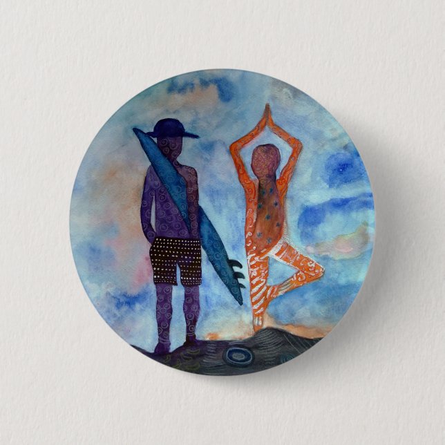 Surf Yoga Sunset Drawing  Boho Badge Button (Front)