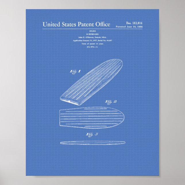 Surfboard 1958 Patent Art Blueprint Poster (Front)