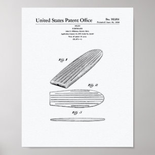 Surfboard 1958 Patent Art White Paper Poster