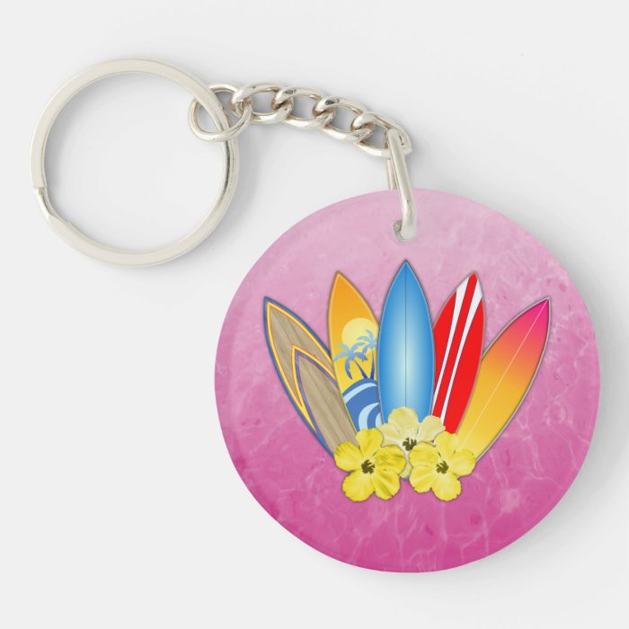 Surfboard and Hibiscus Flowers Acrylic Keychain