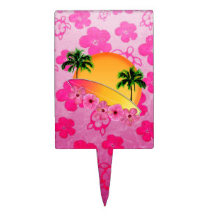 Surfboard and Hibiscus Flowers Cake Topper