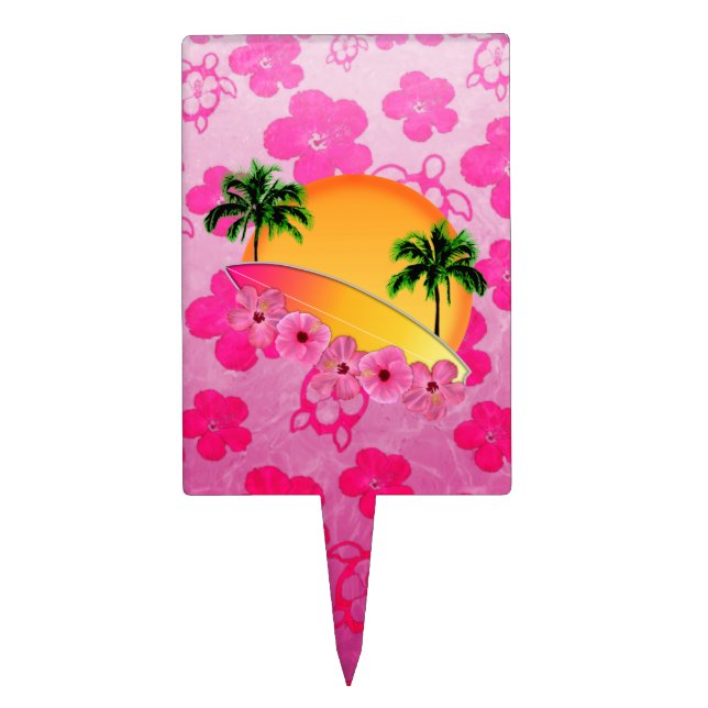 Surfboard and Hibiscus Flowers Cake Topper (Front)