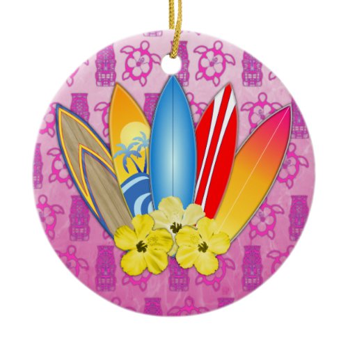 Surfboard and Hibiscus Flowers Ceramic Ornament