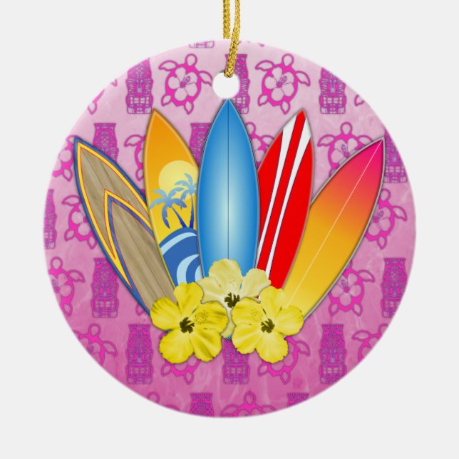 Surfboard and Hibiscus Flowers Ceramic Ornament (Front)