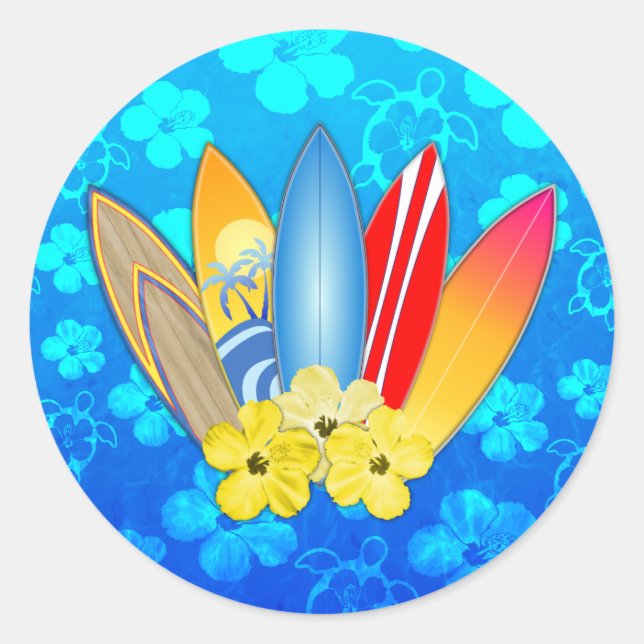 Surfboard and Hibiscus Flowers Classic Round Sticker (Front)