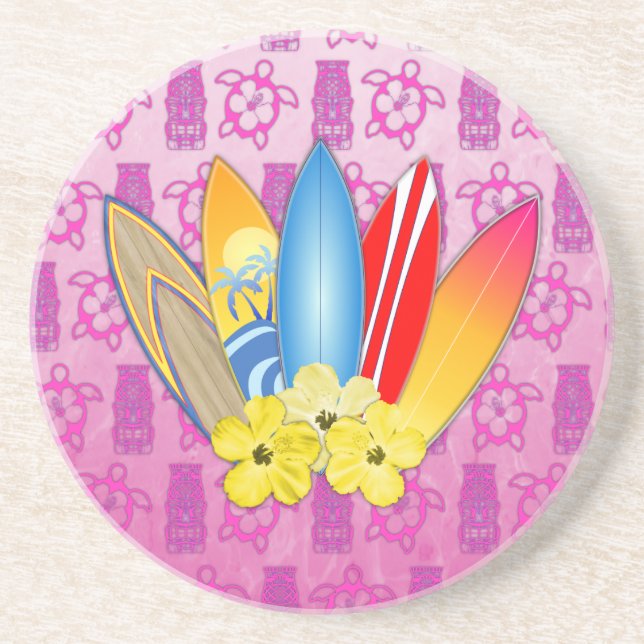 Surfboard and Hibiscus Flowers Drink Coaster (Front)