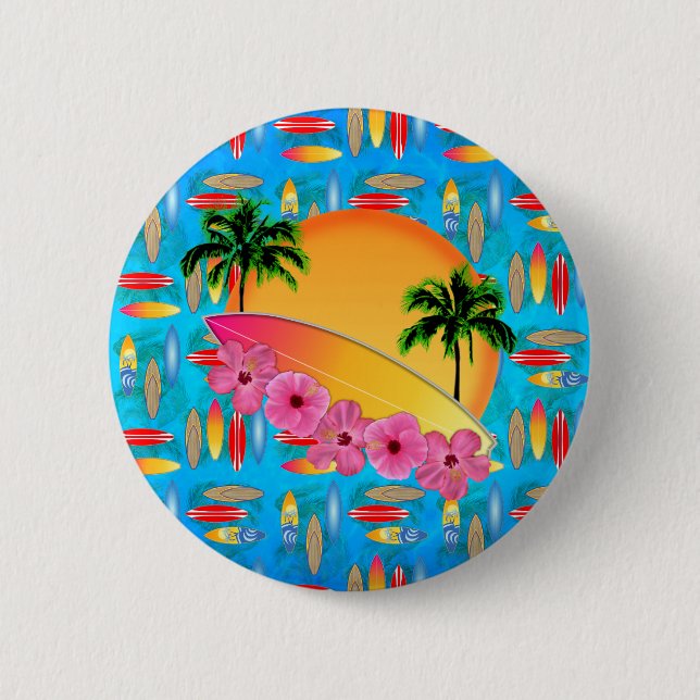 Surfboard and Hibiscus Flowers Pinback Button (Front)