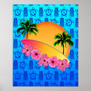 Surfboard and Hibiscus Flowers Poster