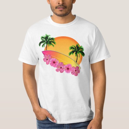 Surfboard and Hibiscus Flowers T_Shirt