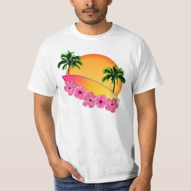 Surfboard and Hibiscus Flowers T-Shirt (Front)