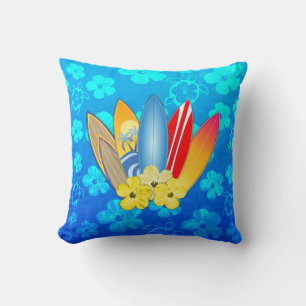Surfboard and Hibiscus Flowers Throw Pillow