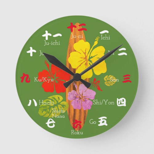 Surfboard and Hibiscus Round Clock