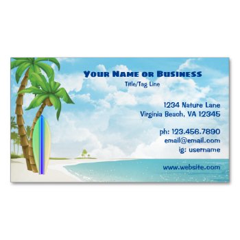 Surfboard And Palm Trees Tropical Beach Business Card Magnet by TheBeachBum at Zazzle