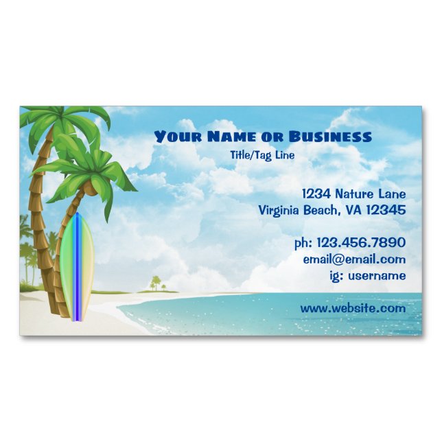 Surfboard and Palm Trees Tropical Beach Business Card Magnet (Front)