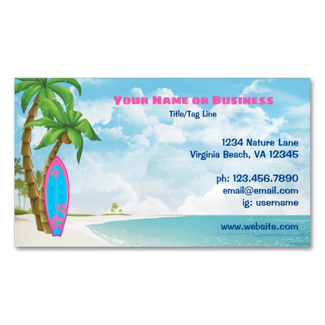 Surfboard and Palm Trees Tropical Beach Business Card Magnet (Front)