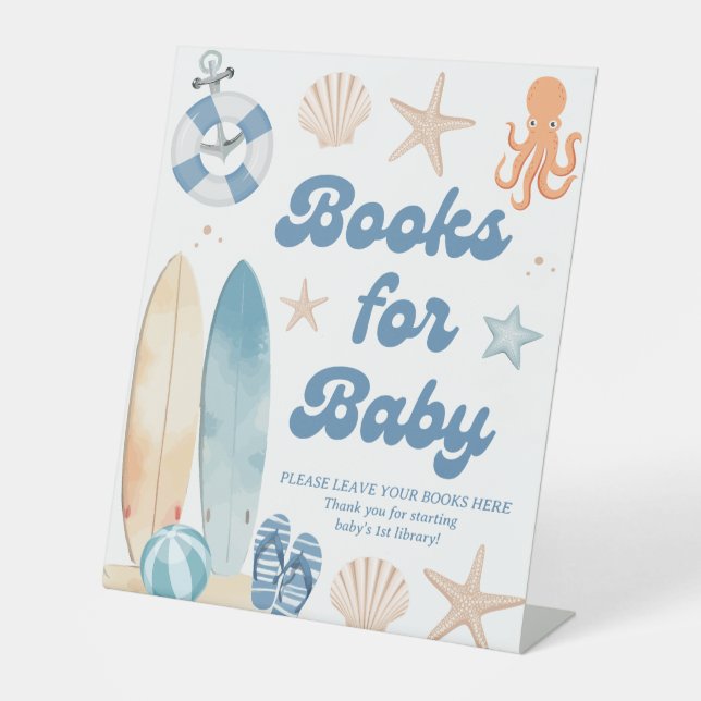 Surfboard Coastal Baby Shower Books for Baby Pedestal Sign (Front)