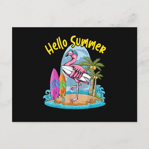 Surfboard Hello Summer Flamingo Funny Beach Summer Postcard