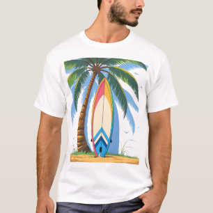 Surfboard leaning on a palm tree in the summer T-Shirt