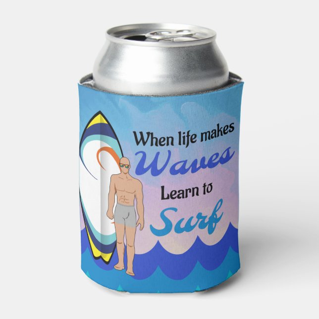 Surfboard Ocean Waves Blue Motivational Quote Can Cooler (Can Front)