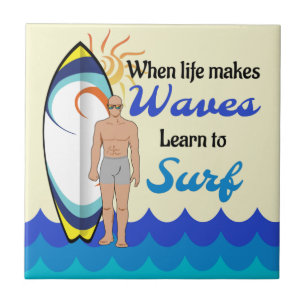 Surfboard Ocean Waves Blue Motivational Quote Ceramic Tile