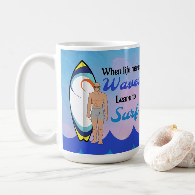 Surfboard Ocean Waves Blue Motivational Quote Coffee Mug (With Donut)
