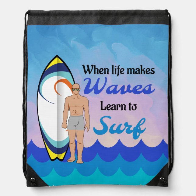 Surfboard Ocean Waves Blue Motivational Quote Drawstring Bag (Front)