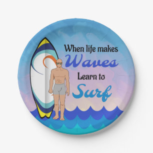 Surfboard Ocean Waves Blue Motivational Quote Paper Plates