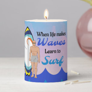 Surfboard Ocean Waves Blue Motivational Quote Pillar Candle