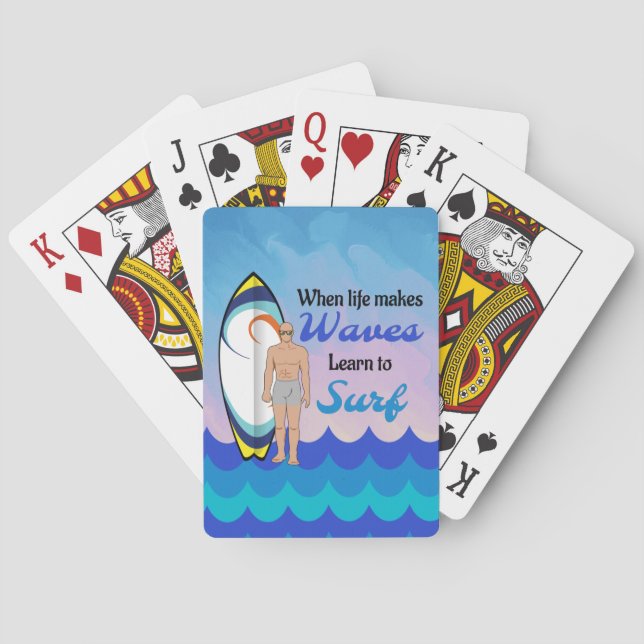 Surfboard Ocean Waves Blue Motivational Quote Poker Cards (Back)