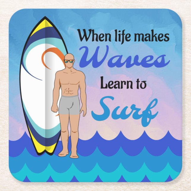 Surfboard Ocean Waves Blue Motivational Quote Square Paper Coaster (Front)