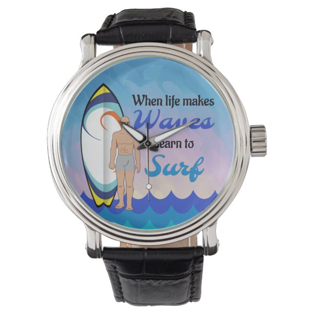 Surfboard Ocean Waves Blue Motivational Quote Watch (Front)