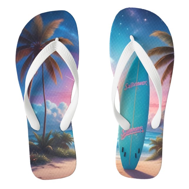 surfboard on a tropical beach at sunset. flip flops (Footbed)