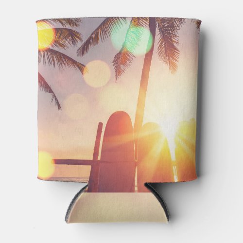 Surfboard Palm Bokeh Montage Can Cooler