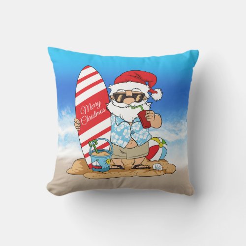 Surfboard Santa Throw Pillow