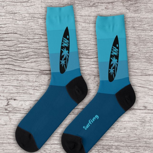 Surfboard Silhouette on Ocean Waves Blue Socks (Creator Uploaded)