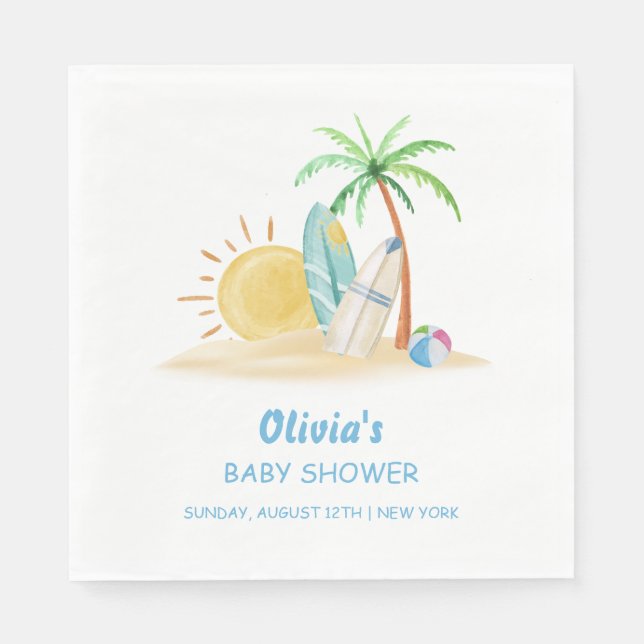 Surfboard Sunshine Beach Palm Tree Baby Shower  Napkins (Front)