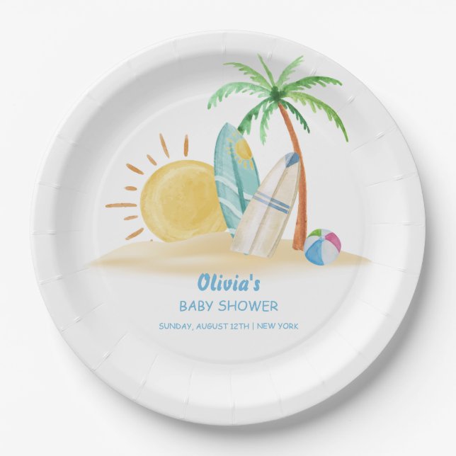 Surfboard Sunshine Beach Palm Tree Baby Shower  Paper Plates (Front)