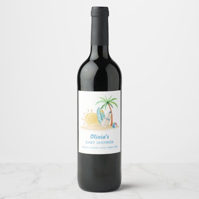 Surfboard Sunshine Beach Palm Tree Baby Shower  Wine Label (Front)