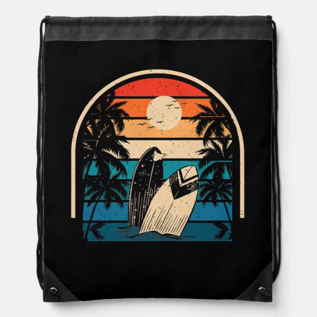 Surfboard Surfer Beach Palms Waves Surfing Drawstring Bag (Front)