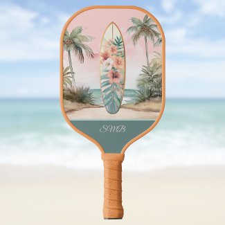 Surfboard Tropical Island Floral Teal Initials