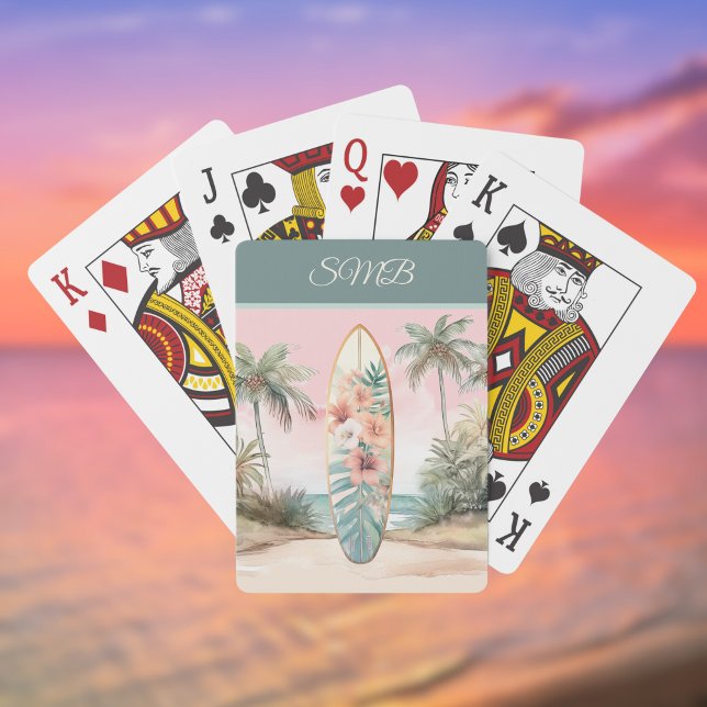 Surfboard Tropical Island Flower  Palm Tree w Name Poker Cards (Creator Uploaded)