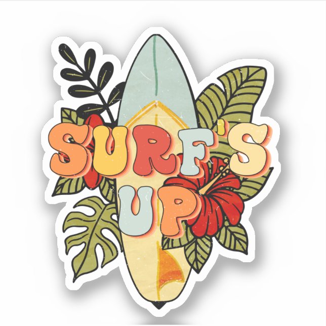 Surfboard Tropical Leaves Flowers Surf's Up Sticker (Front)
