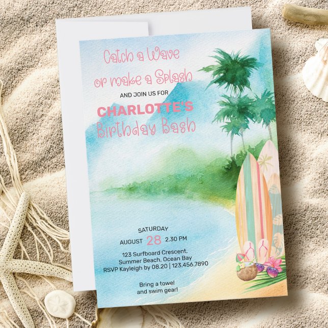 Surfboard Watercolor Beach Birthday Bash Invitation