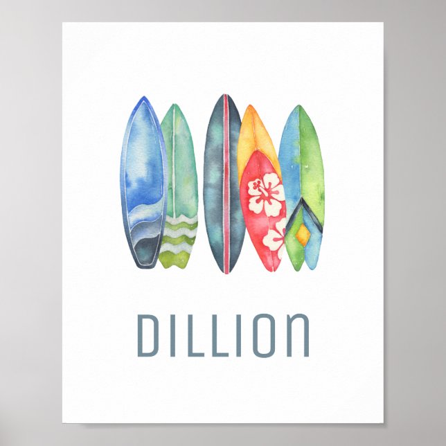 Surfboard Watercolor Custom Name Print (Front)